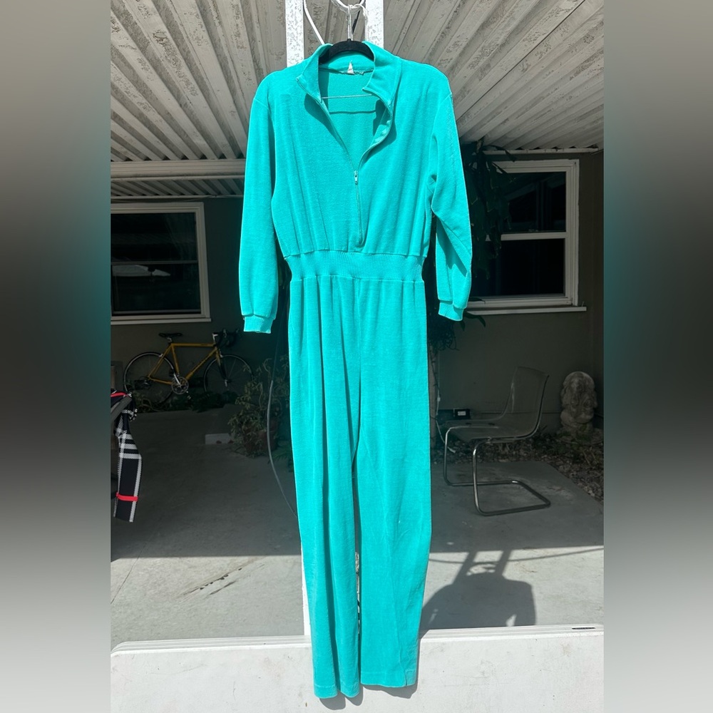 Teal Long-Sleeve Velour Jumpsuit